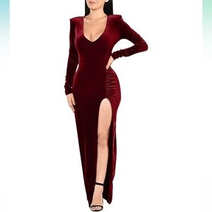 Sexy Bodycon Long Sleeve Deep V Neck High Slit Cocktail Party Maxi Dresses M